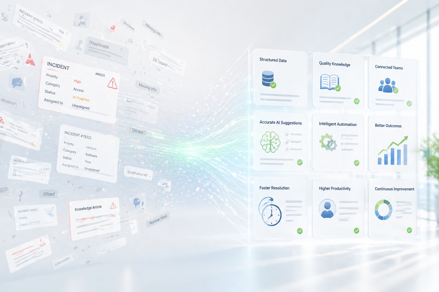 A split-frame visualisation showing chaotic, fragmented ticket data on the left transitioning into clean, organised dashboard cards on the right, illustrating the difference between an ITSM environment where AI struggles and one where it works