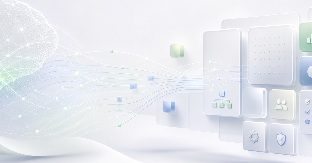 A network-form brain on the left connected by flowing data streams to a stack of structured dashboard cards on the right