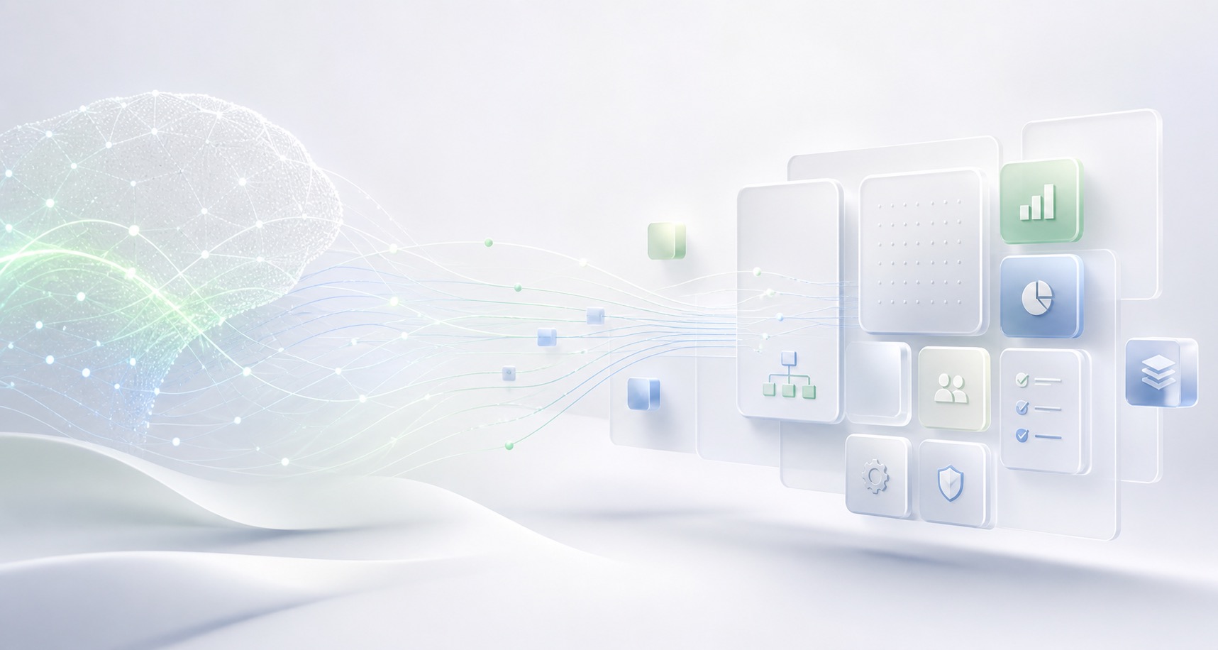 A network-form brain on the left connected by flowing data streams to a stack of structured dashboard cards on the right, illustrating the architectural shift from tool-centric ITSM to AI-orchestrated systems