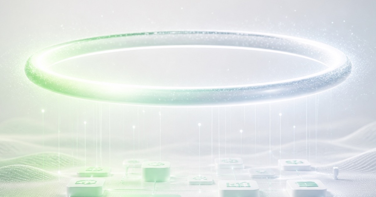 A bright halo of light above a small grid of structured icon tiles, illustrating AI embedded into existing workflows
