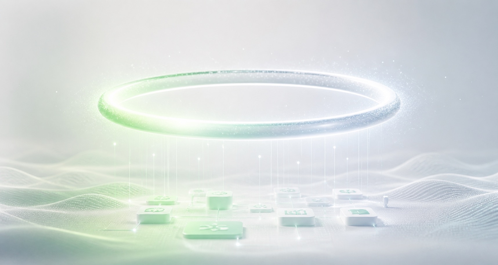 A bright halo of light above a small grid of structured icon tiles, connected by thin downward streams, illustrating AI embedded into existing workflows rather than orchestrating them from outside