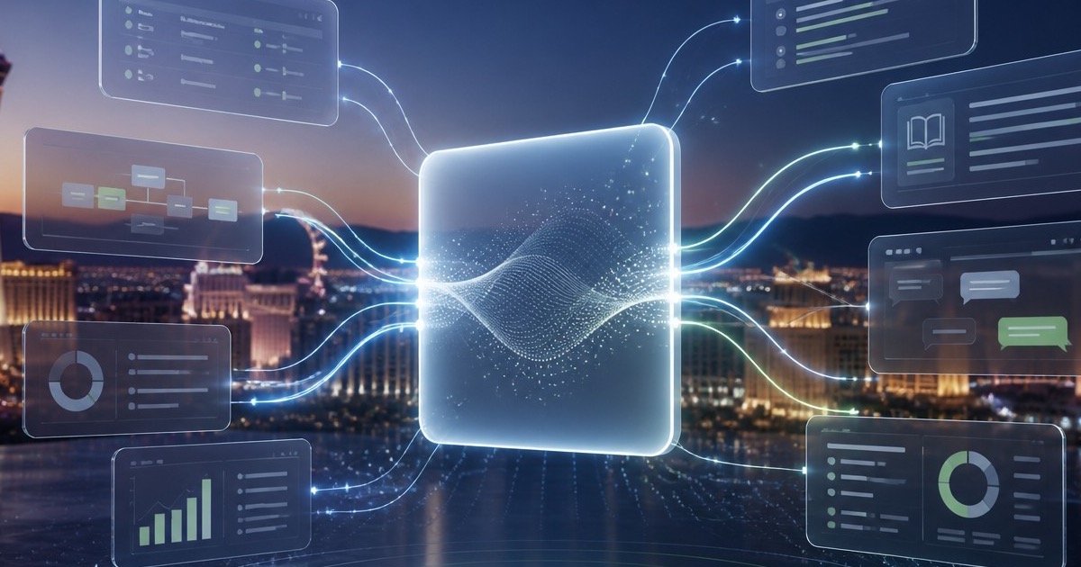 A glowing AI processing node connected to floating dashboards above the Las Vegas skyline at dusk
