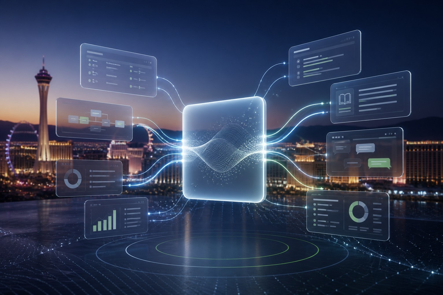 A glowing AI processing node connected to floating dashboards showing knowledge articles, workflows, charts, and conversations, illustrating the data systems that feed ServiceNow's agentic AI architecture announced at Knowledge 2026