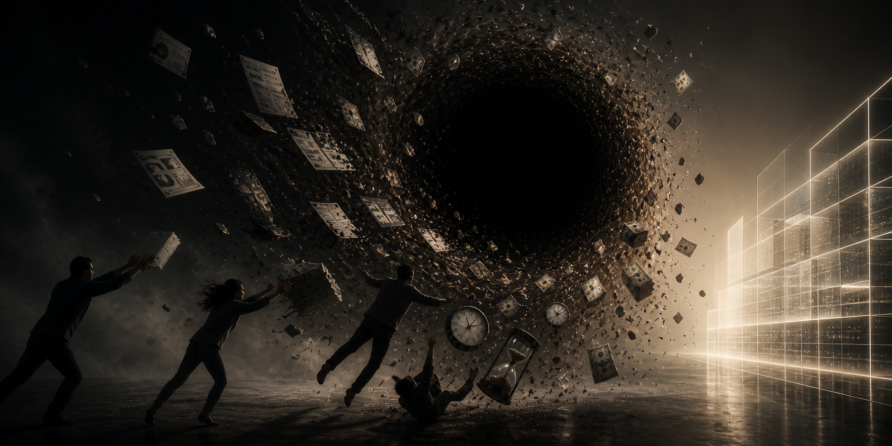 Documents and clocks being pulled into a swirling vortex while a glowing structured grid stands intact on the right, illustrating disorder versus structure